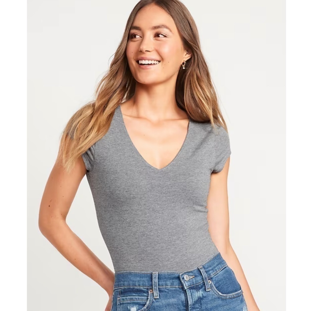Old Navy Women's Gray Grey V-neck Short Sleeve Stretchy Bodysuit Size Large